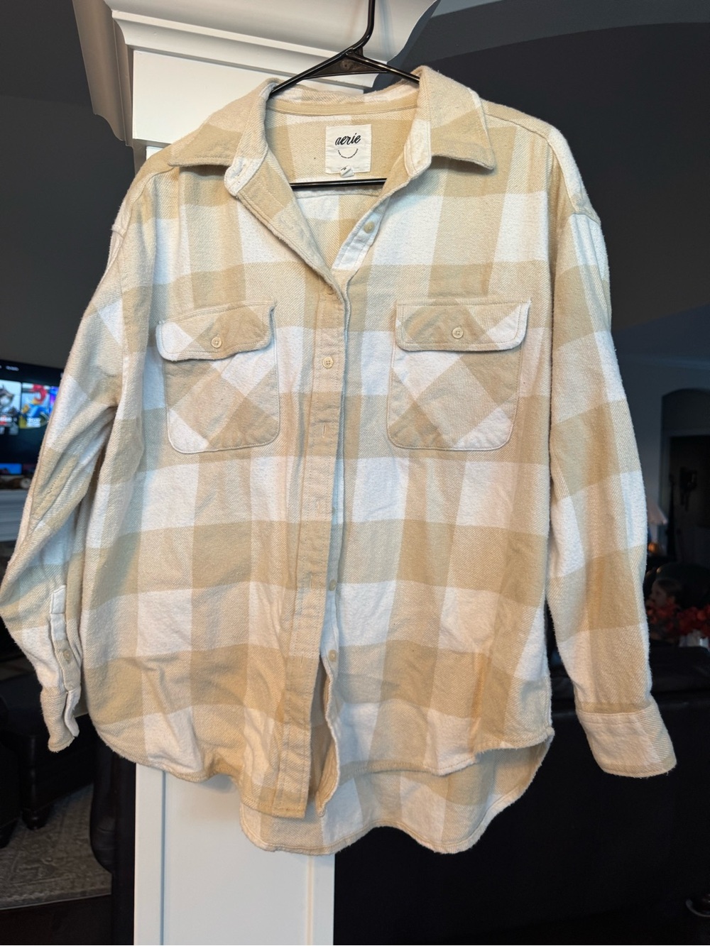 aerie Beige and White Plaid Utility Shacket